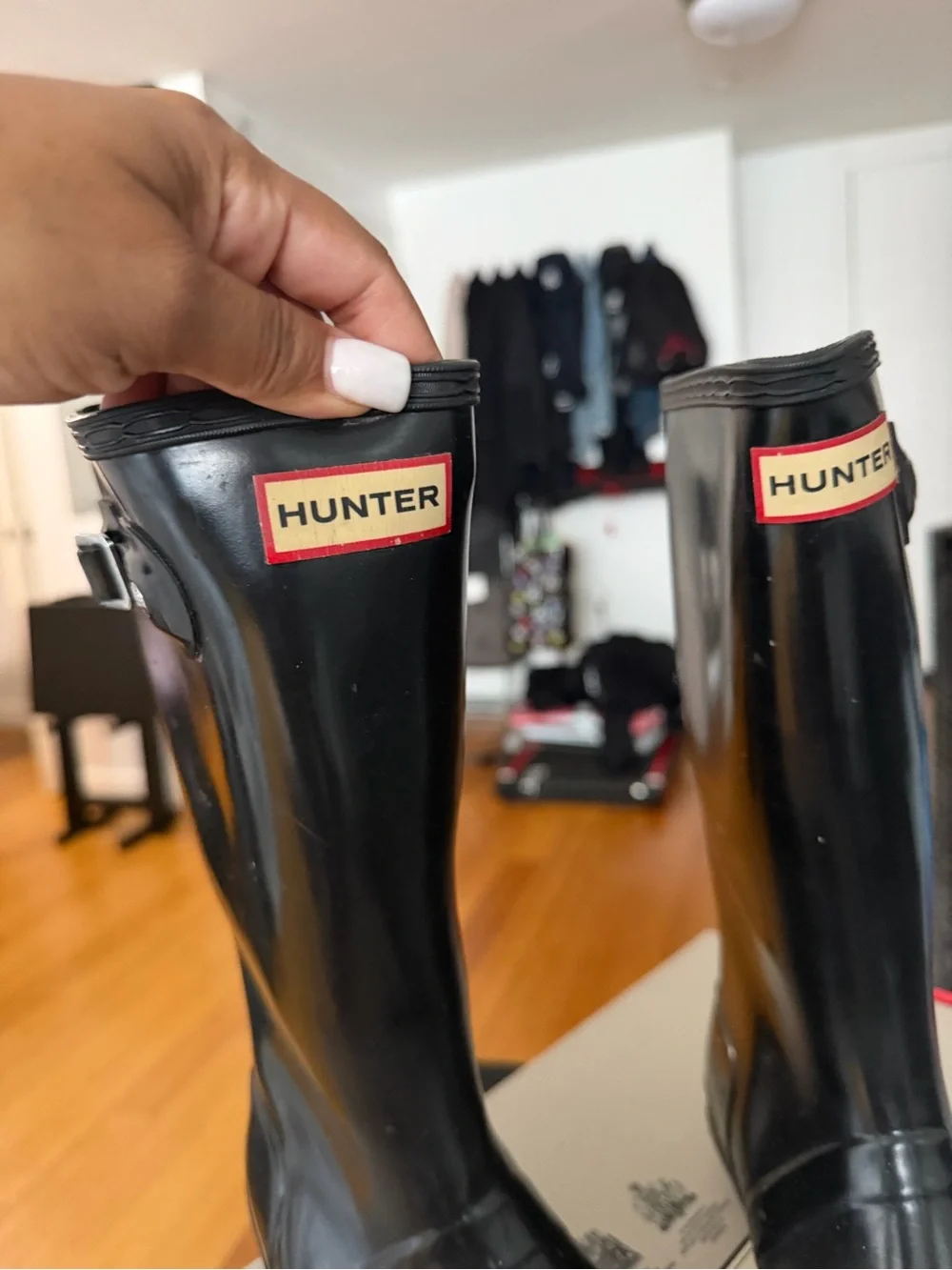 Hunter Gloss Black Tall Rain Boots with Logo Panel